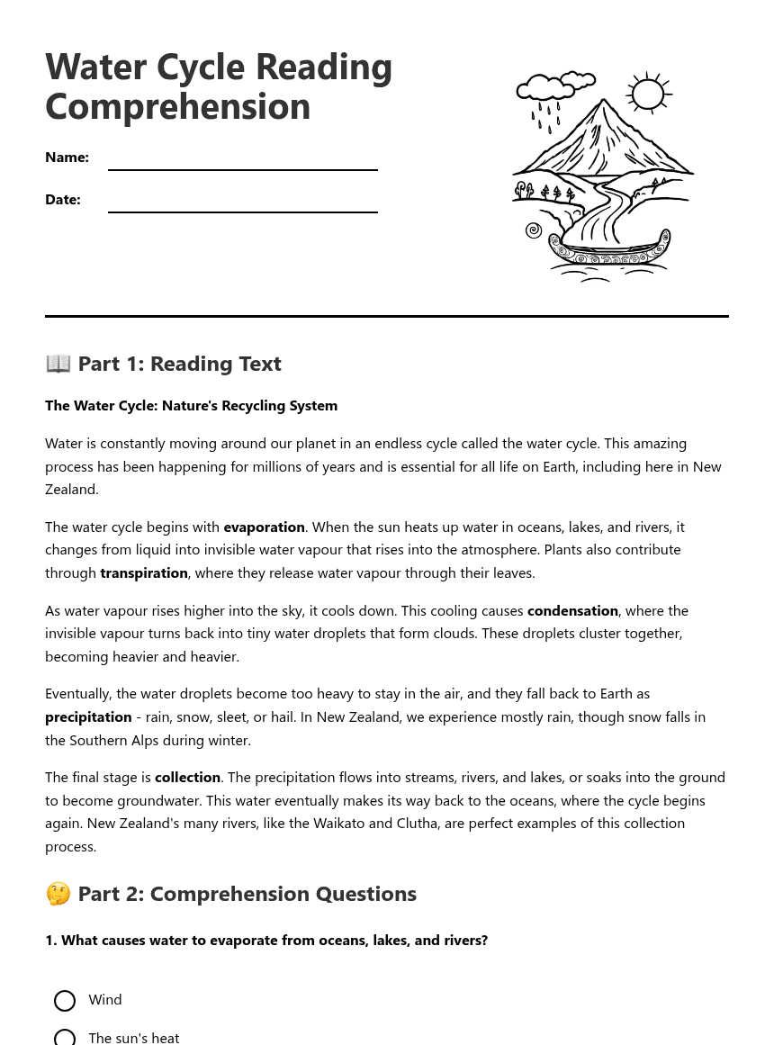 Water Cycle Reading Comprehension worksheet preview