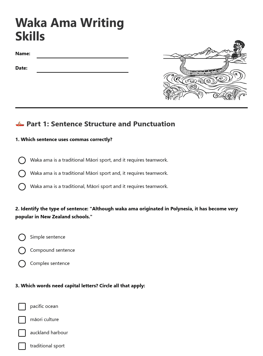 Waka Ama Writing Skills worksheet preview