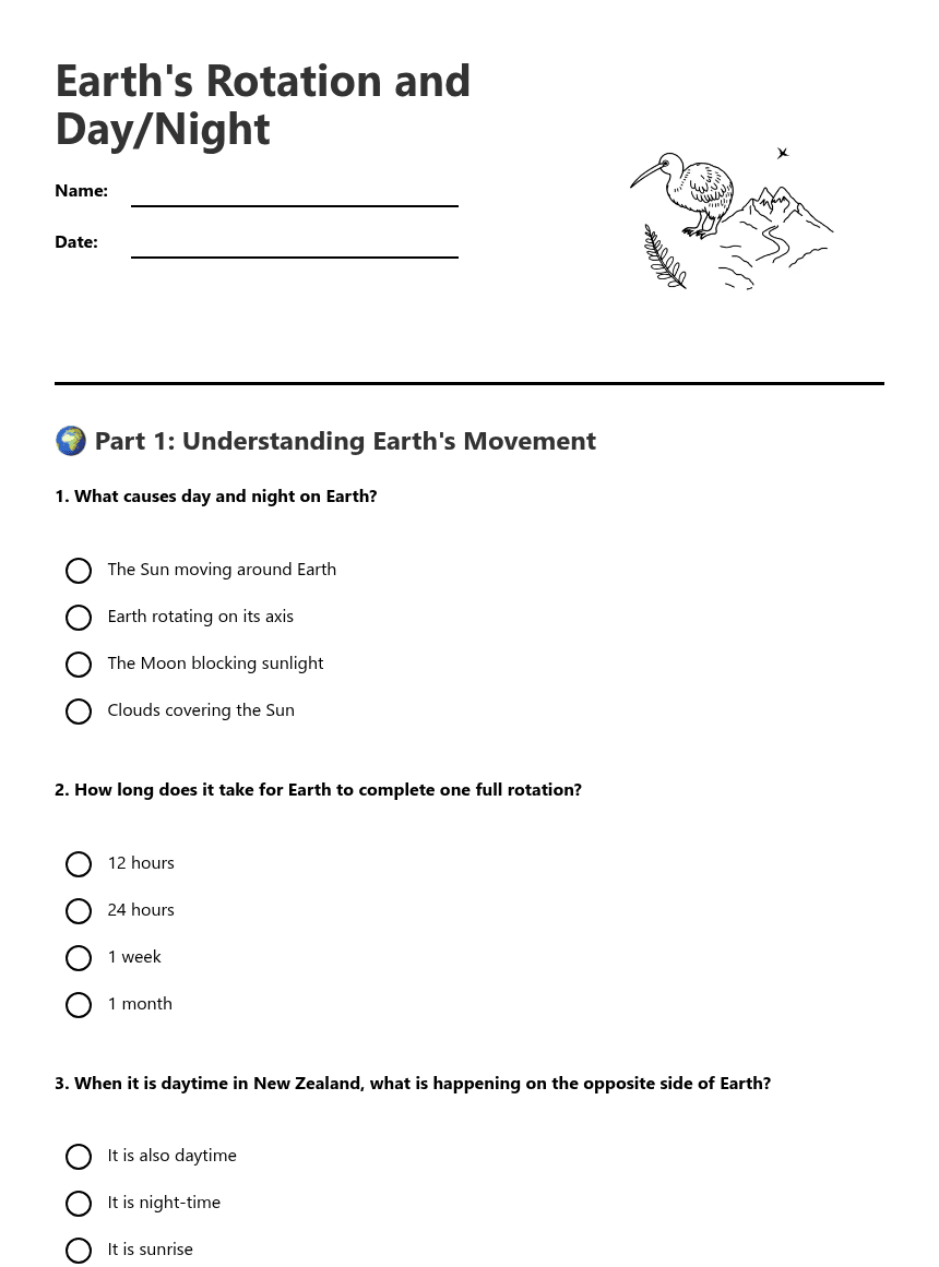 Earth's Rotation and Day/Night worksheet preview