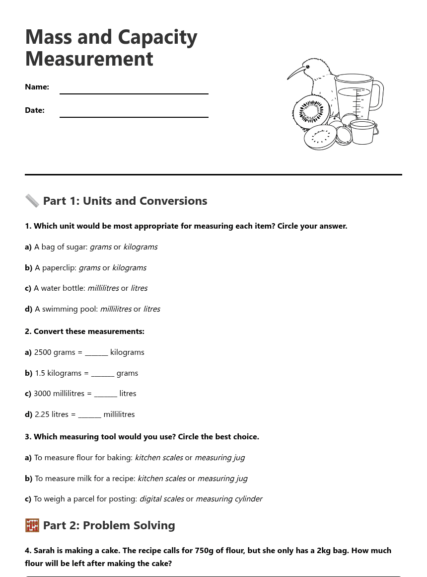 Mass and Capacity Measurement worksheet preview