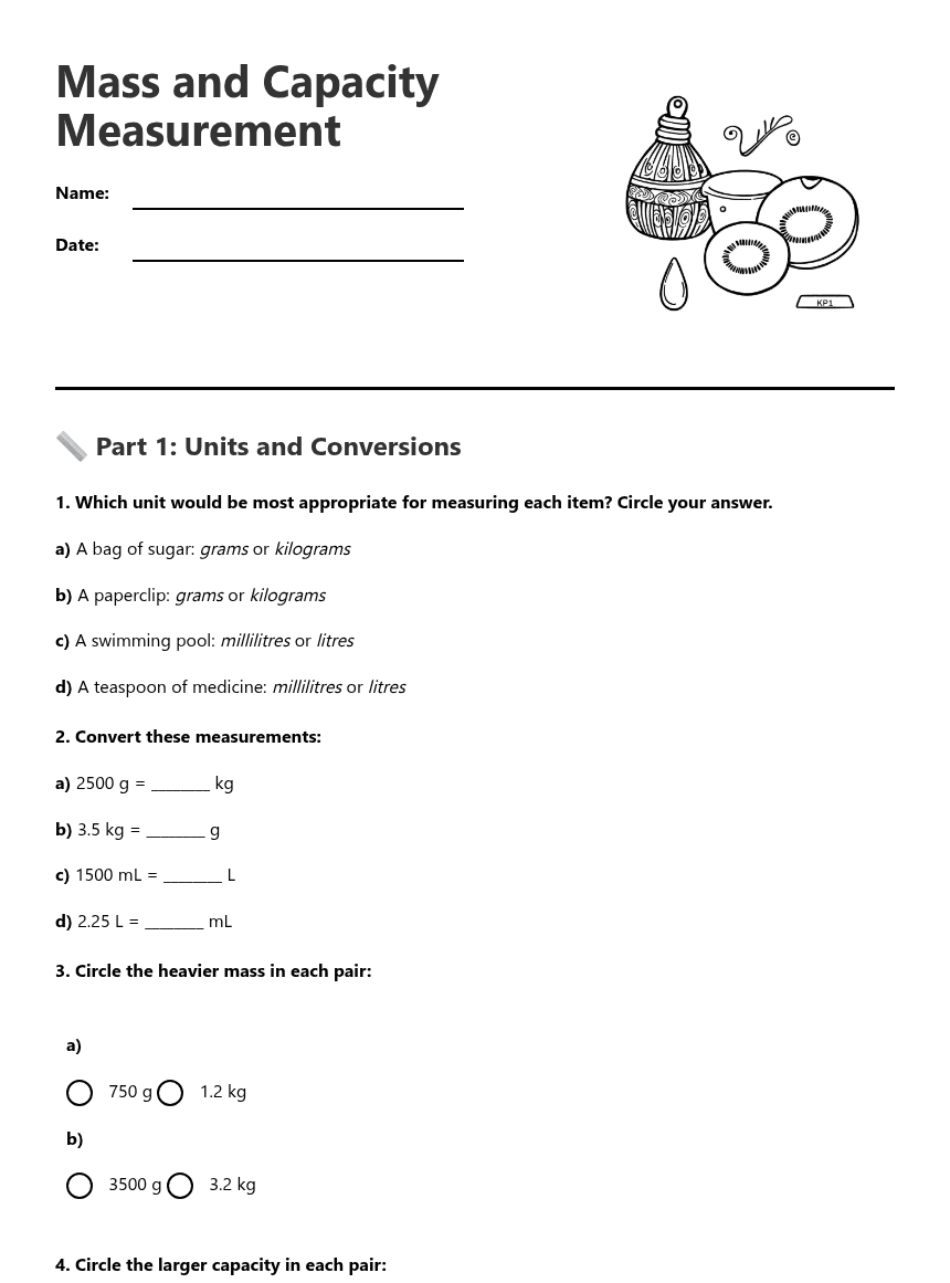Mass and Capacity Measurement worksheet preview