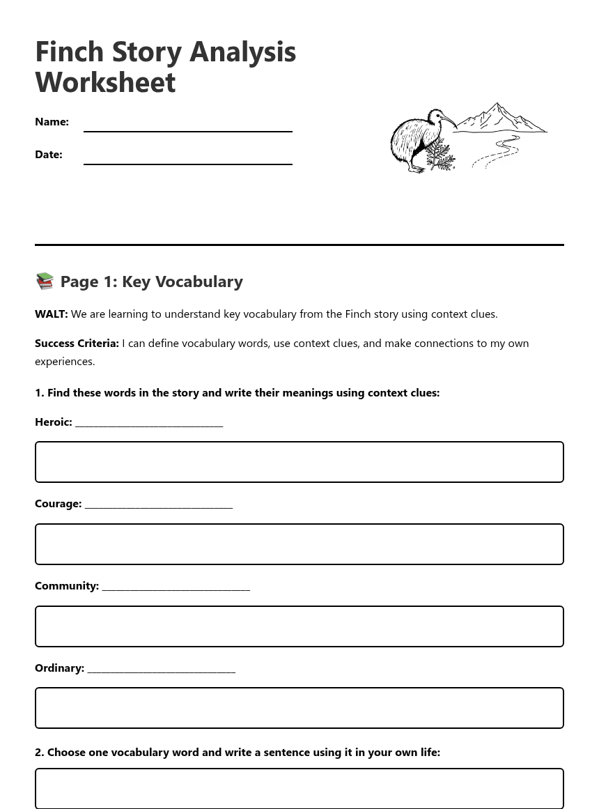 Finch Story Analysis Worksheet worksheet preview
