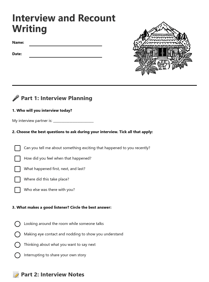 Interview and Recount Writing worksheet preview