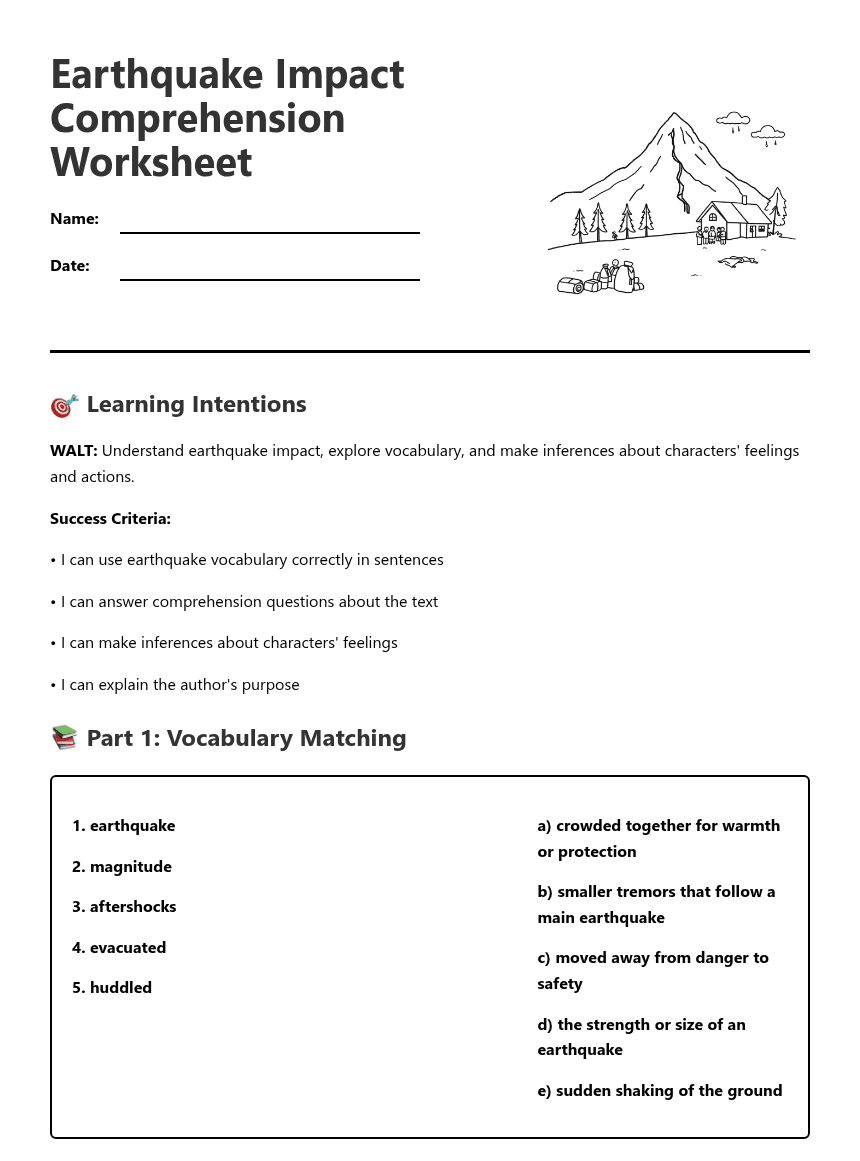 Earthquake Impact Comprehension Worksheet worksheet preview