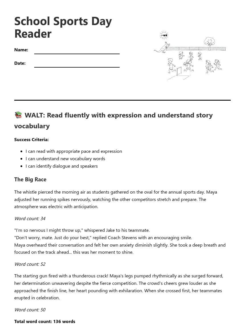 School Sports Day Reader worksheet preview