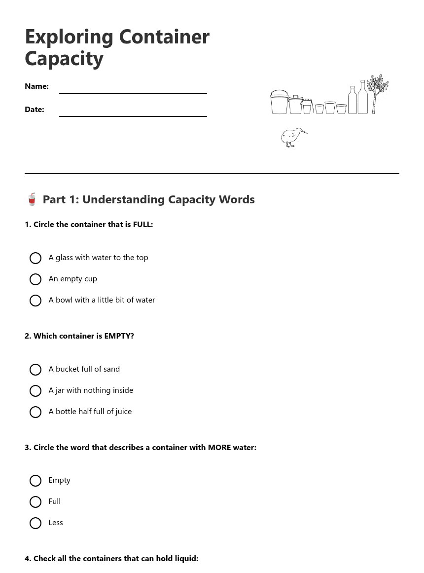 Exploring Container Capacity worksheet preview
