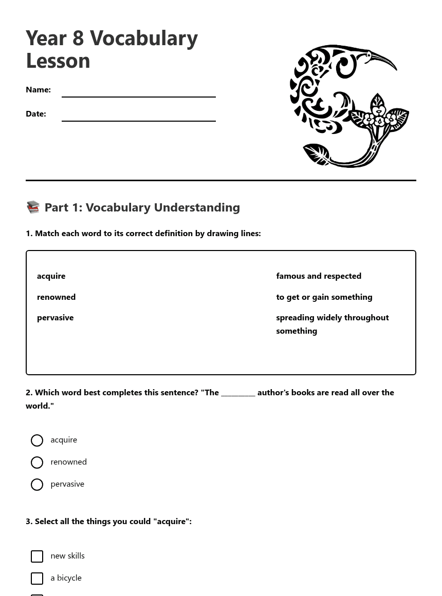 Year 8 Vocabulary Lesson worksheet preview