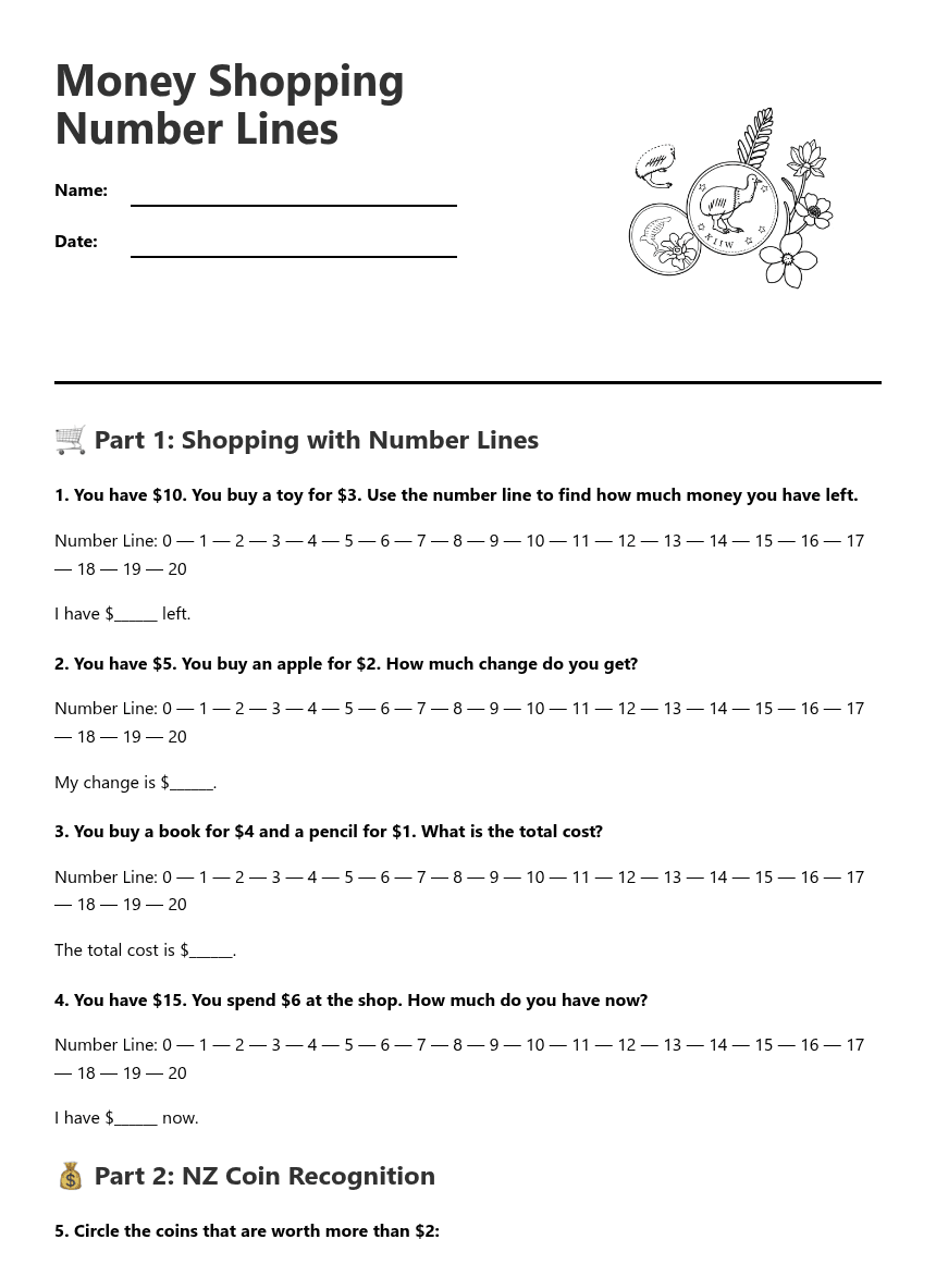 Money Shopping Number Lines worksheet preview