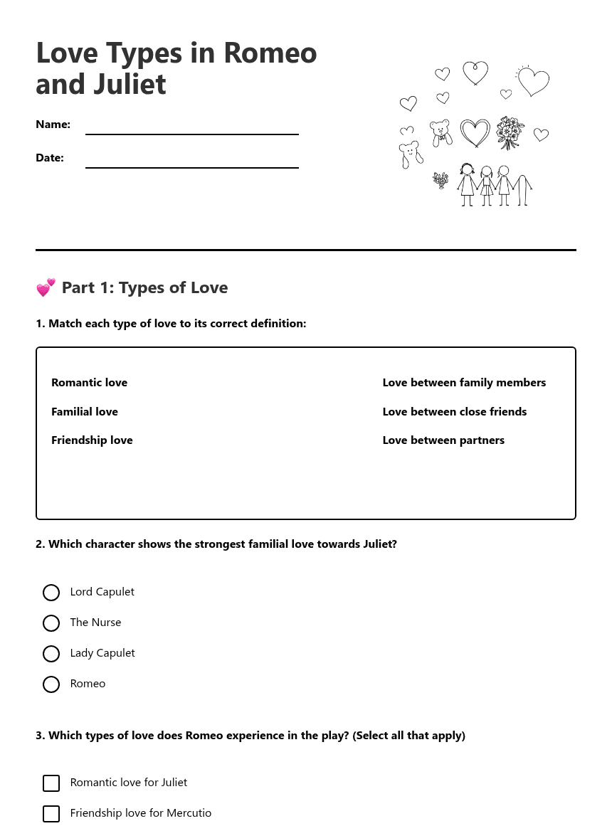 Love Types in Romeo worksheet preview