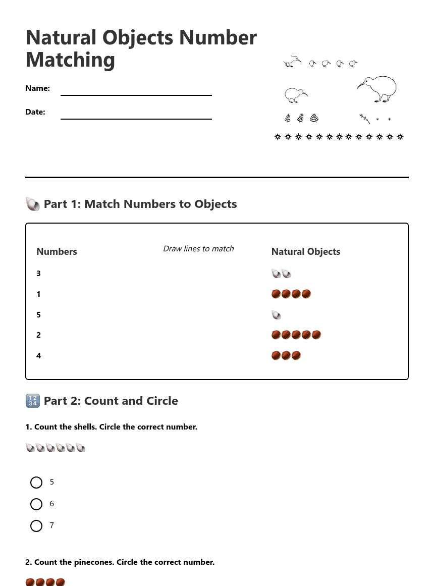 Natural Objects Number Matching worksheet preview
