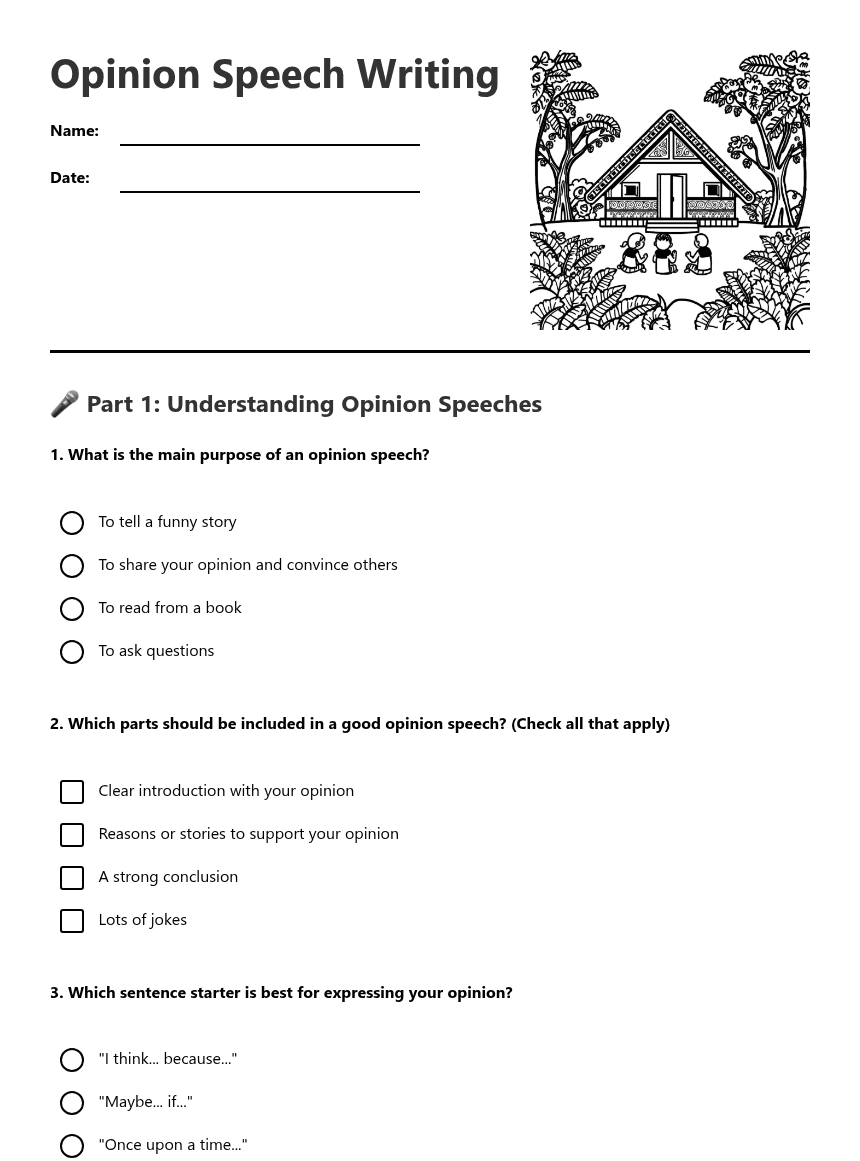 Opinion Speech Writing worksheet preview