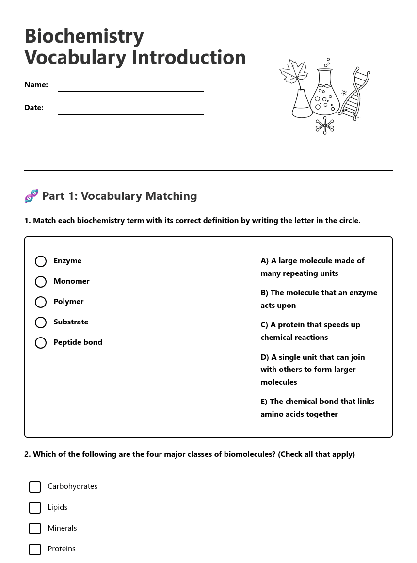 Biochemistry Vocabulary Introduction worksheet preview