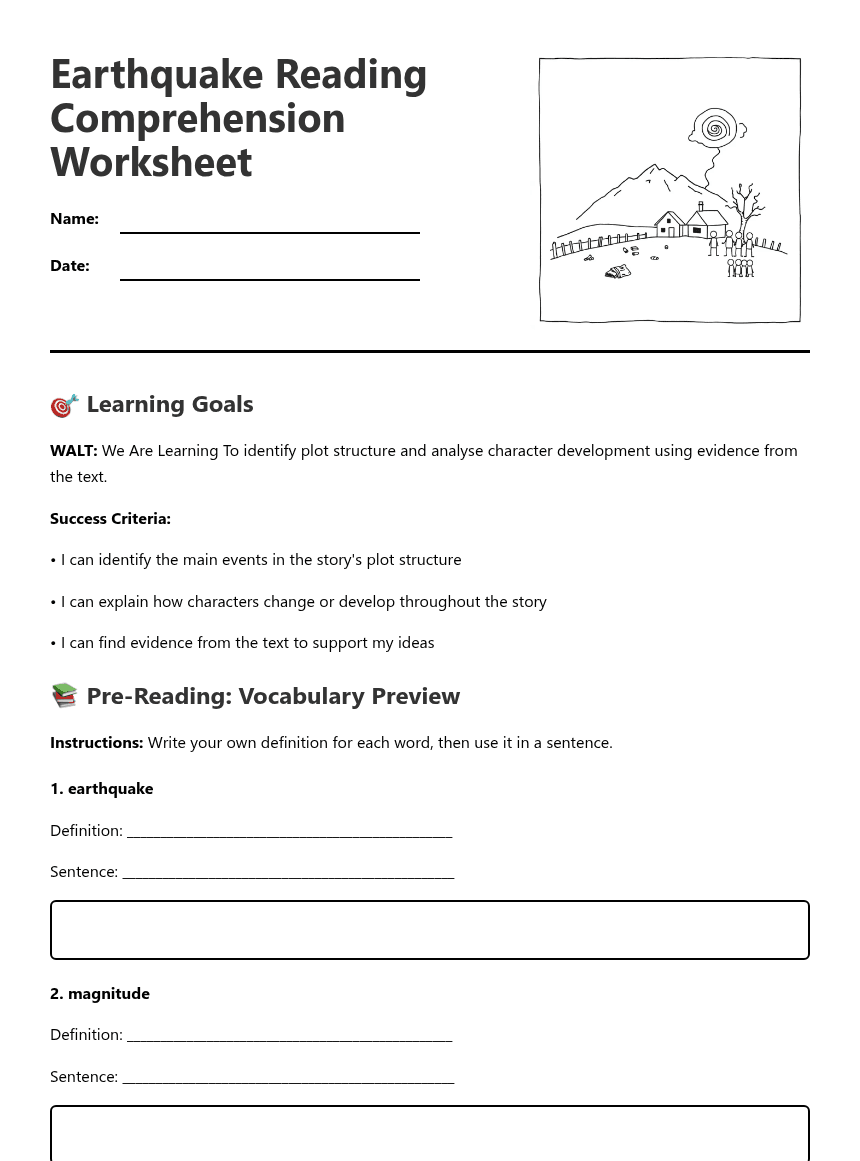 Earthquake Reading Comprehension Worksheet worksheet preview