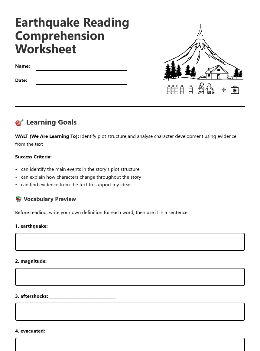 Earthquake Reading Comprehension Worksheet worksheet preview