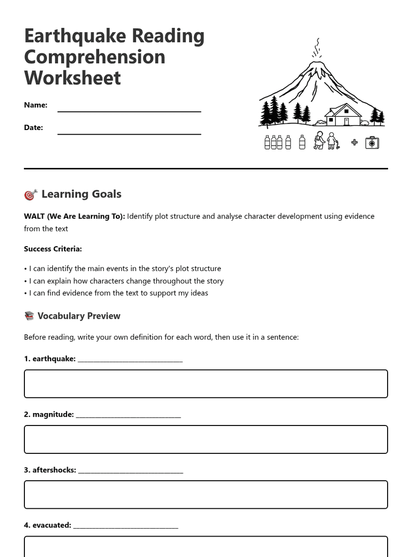 Earthquake Reading Comprehension Worksheet