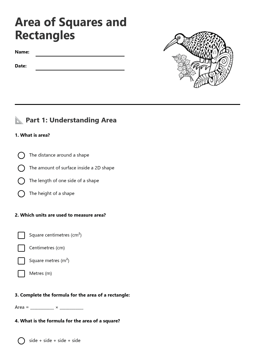 Area of Squares and Rectangles worksheet preview