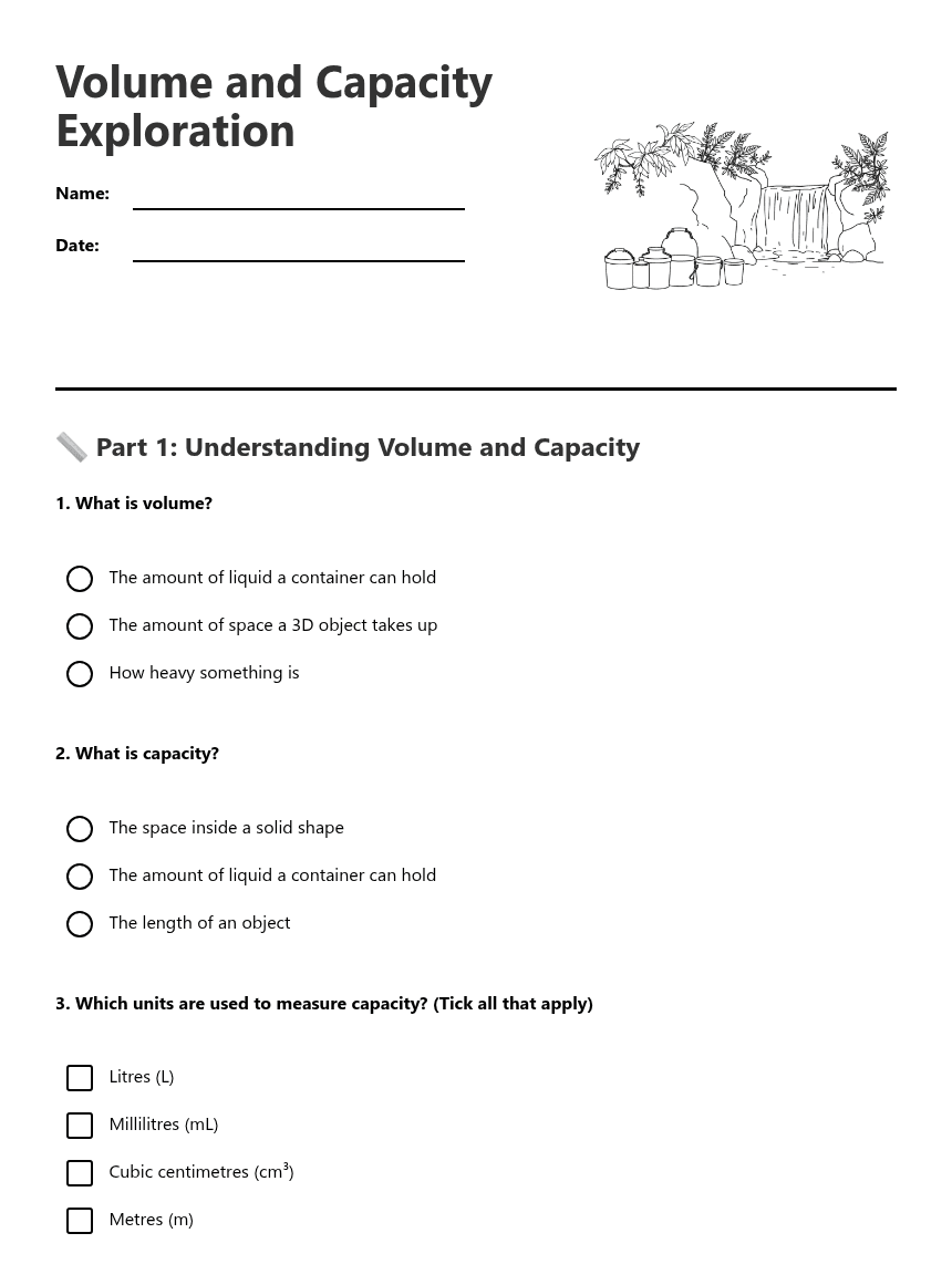 Volume and Capacity Exploration worksheet preview