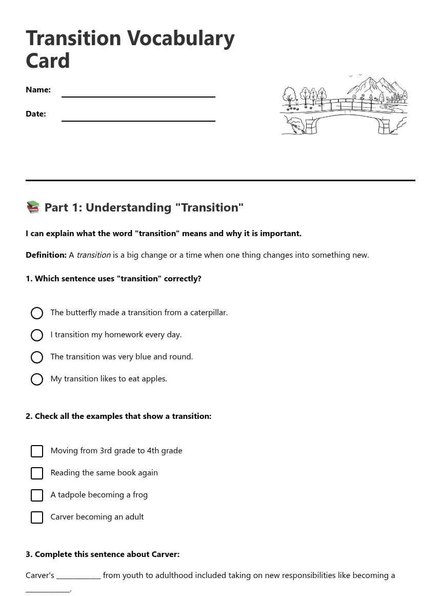 Transition Vocabulary Card worksheet preview