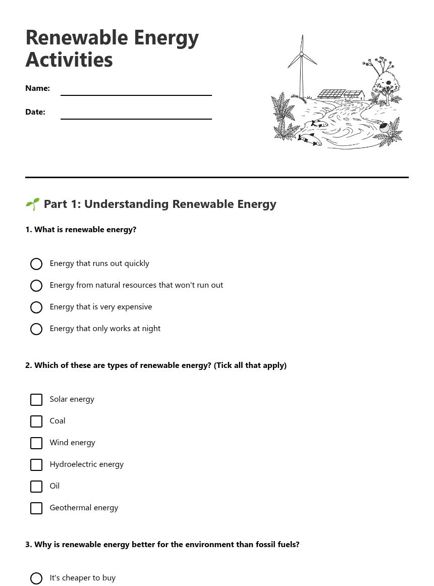 Renewable Energy Activities worksheet preview