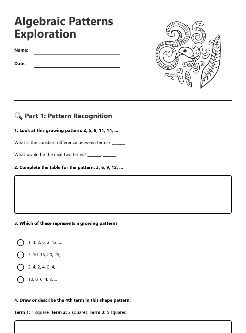 Algebraic Patterns Exploration worksheet preview
