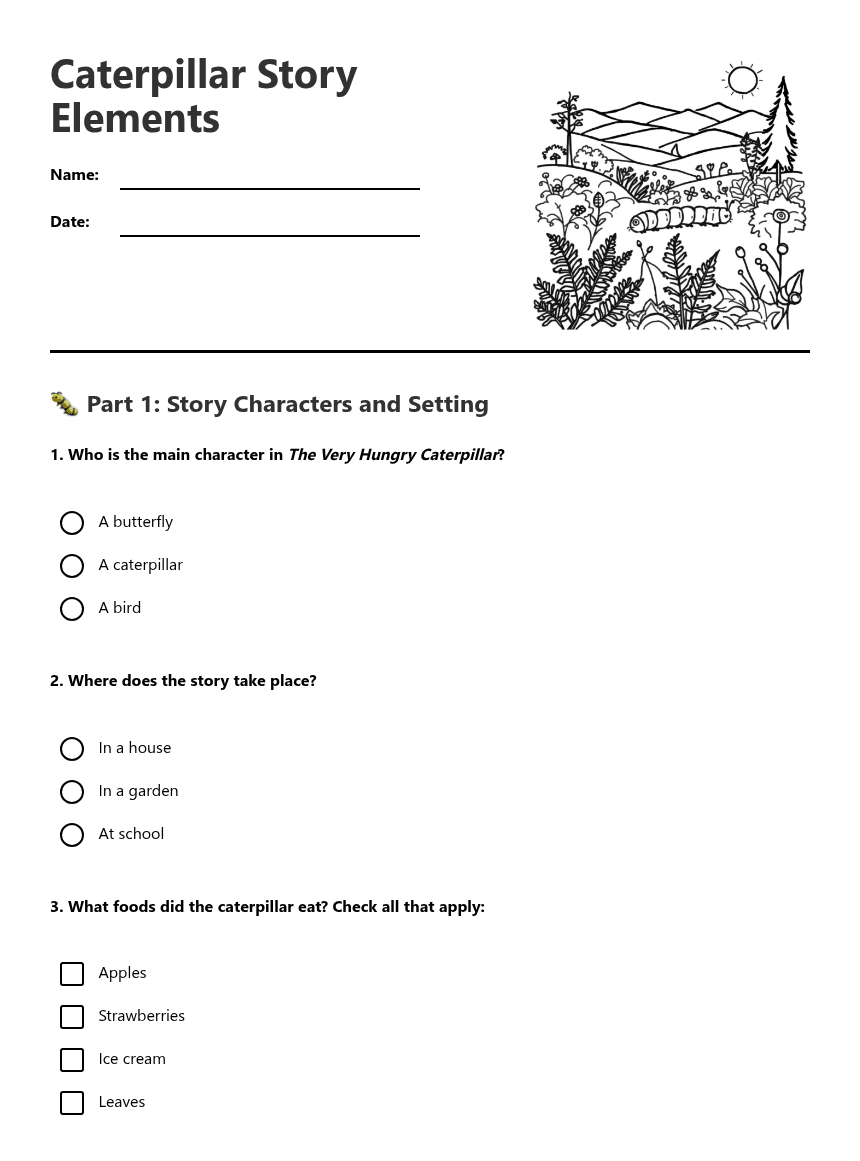 Caterpillar Story Elements worksheet preview