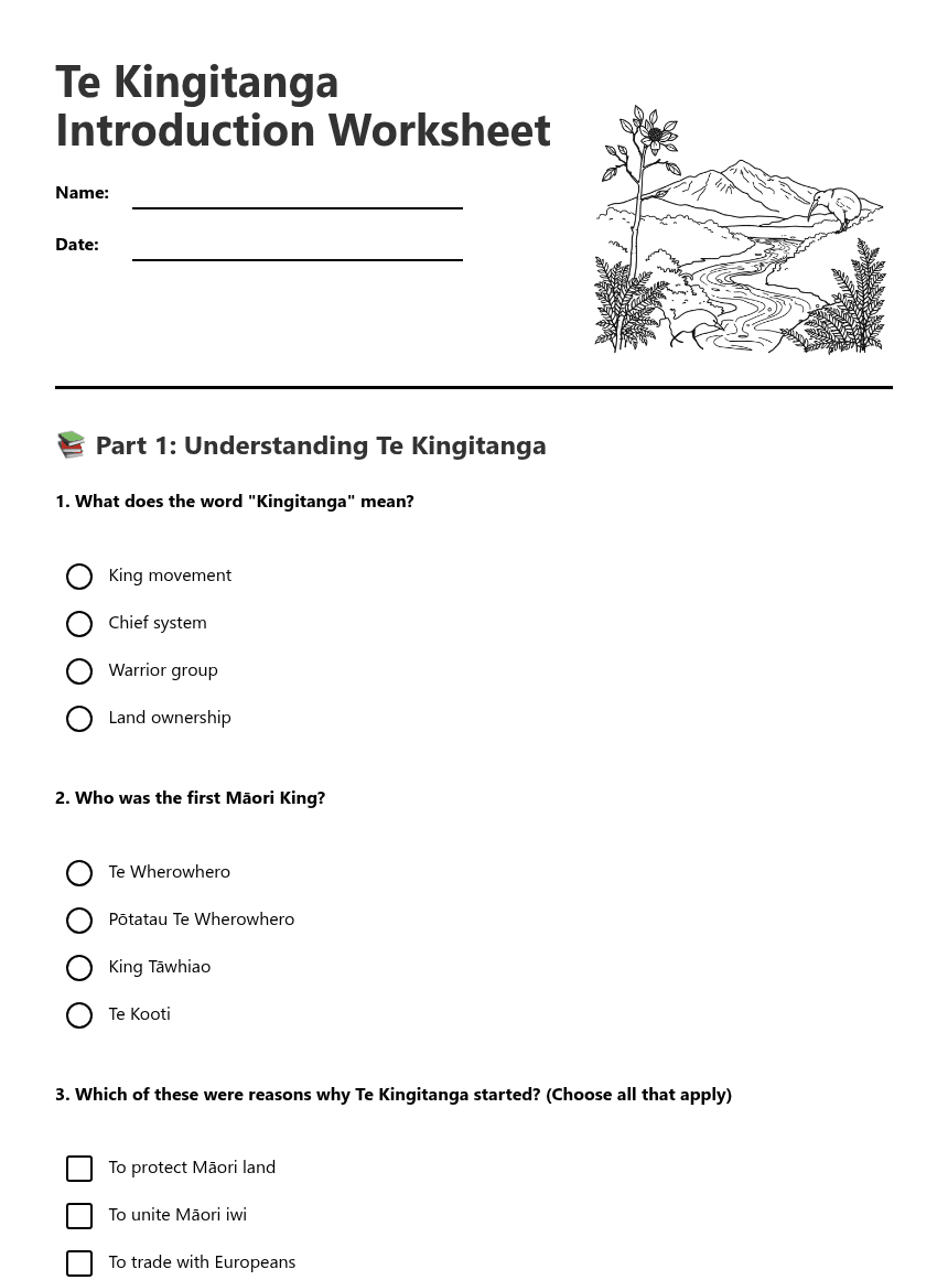 Te Kingitanga Introduction Worksheet worksheet preview