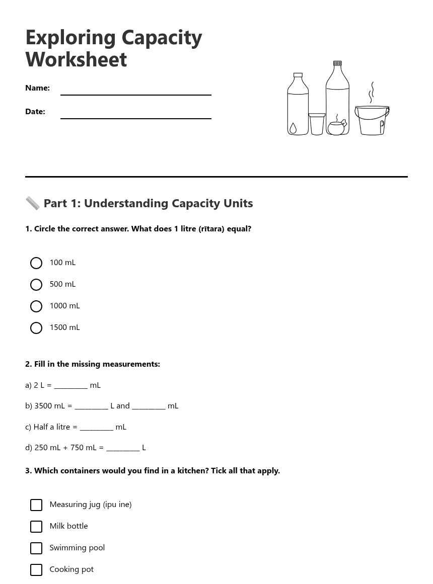 Exploring Capacity Worksheet worksheet preview