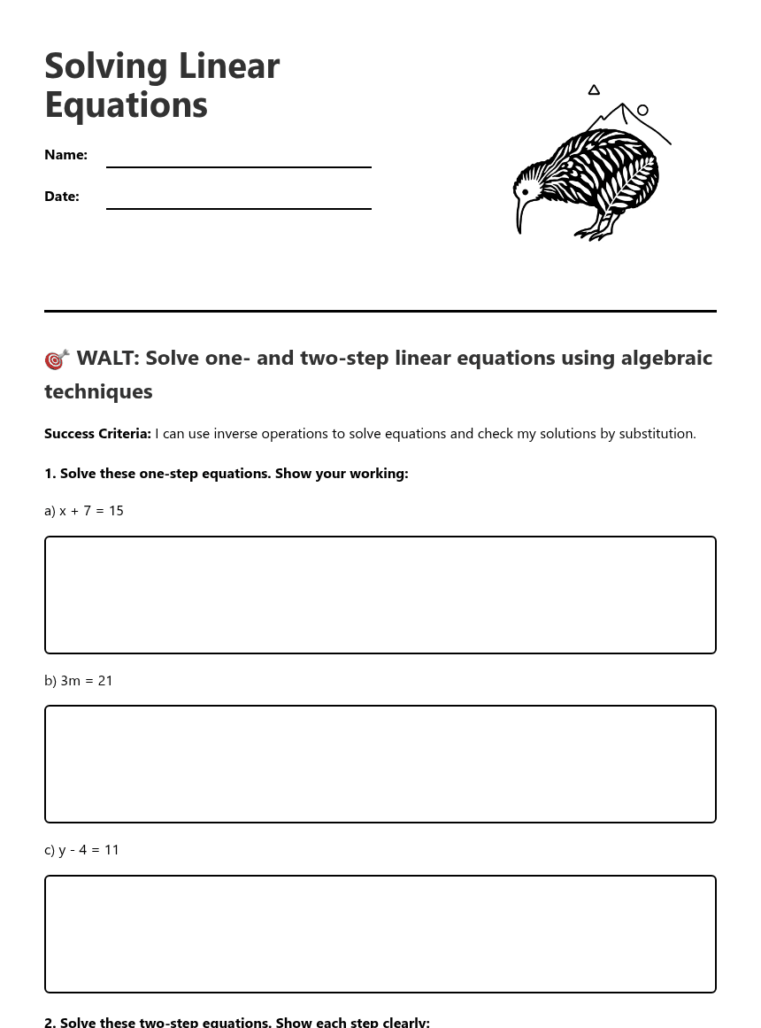 Solving Linear Equations worksheet preview