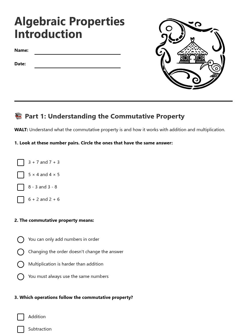 Algebraic Properties Introduction worksheet preview