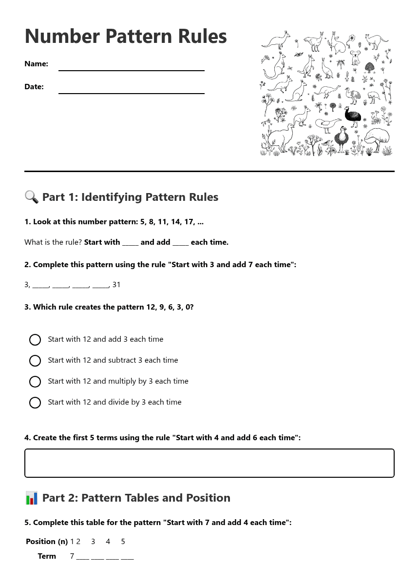 Number Pattern Rules worksheet preview