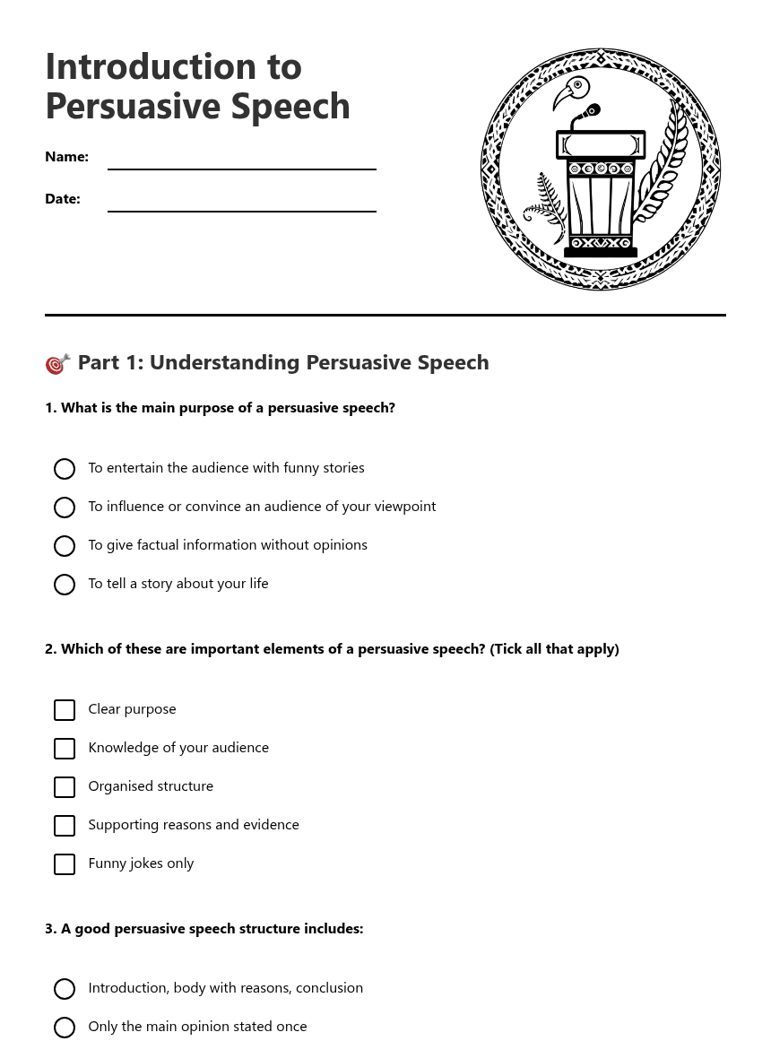 Introduction to Persuasive Speech worksheet preview