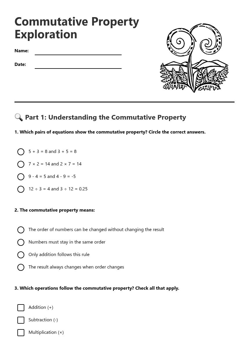 Commutative Property Exploration worksheet preview