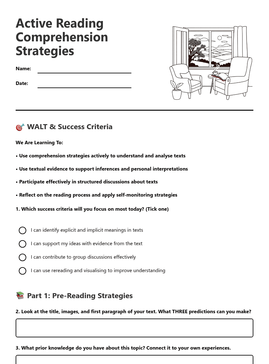 Active Reading Comprehension Strategies worksheet preview