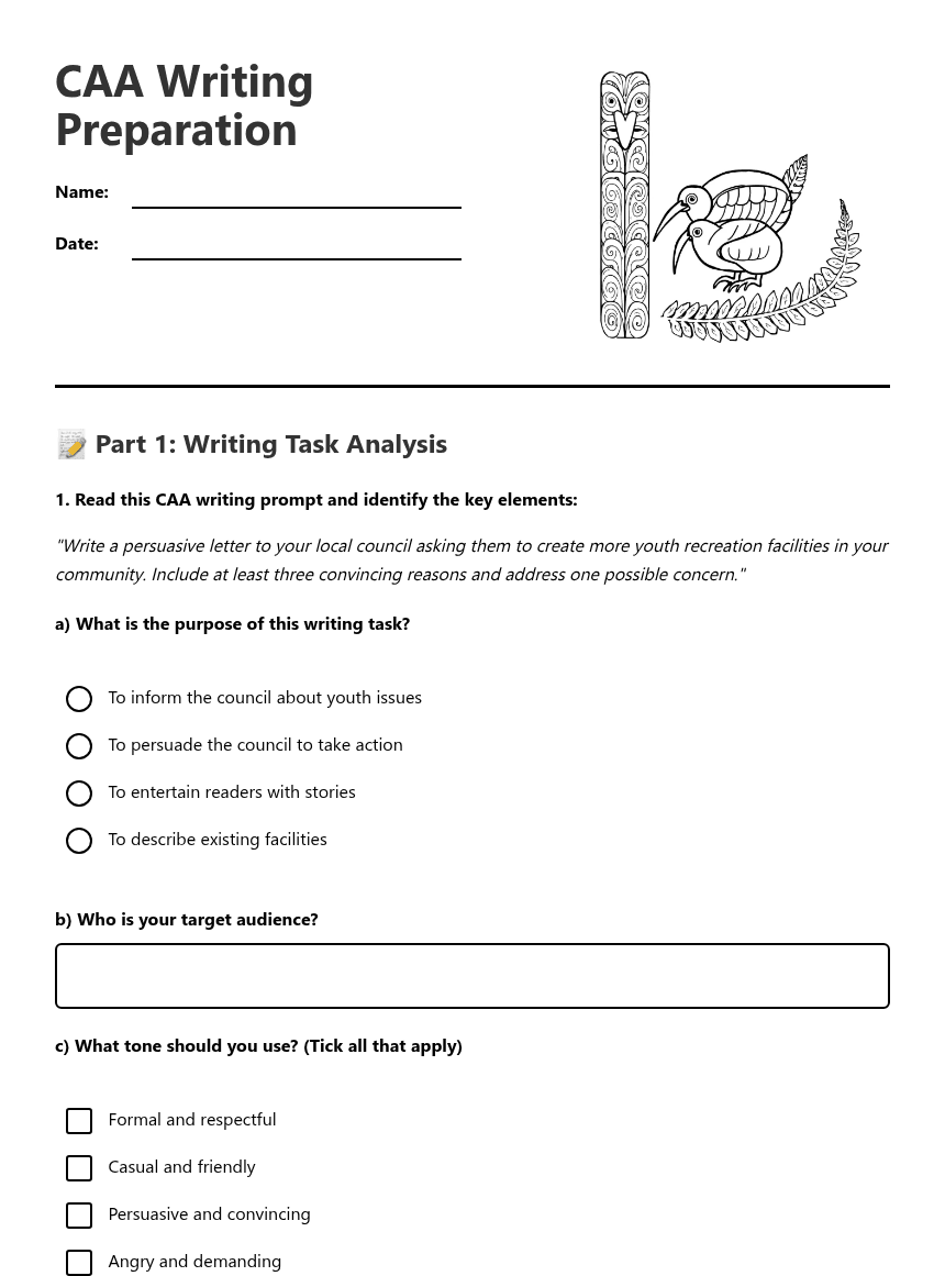 CAA Writing Preparation worksheet preview