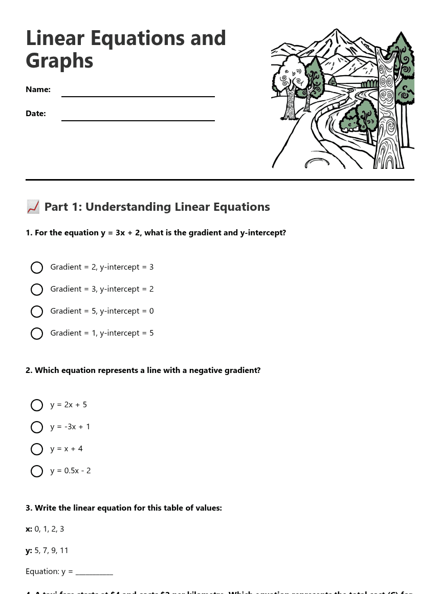 Linear Equations and Graphs worksheet preview