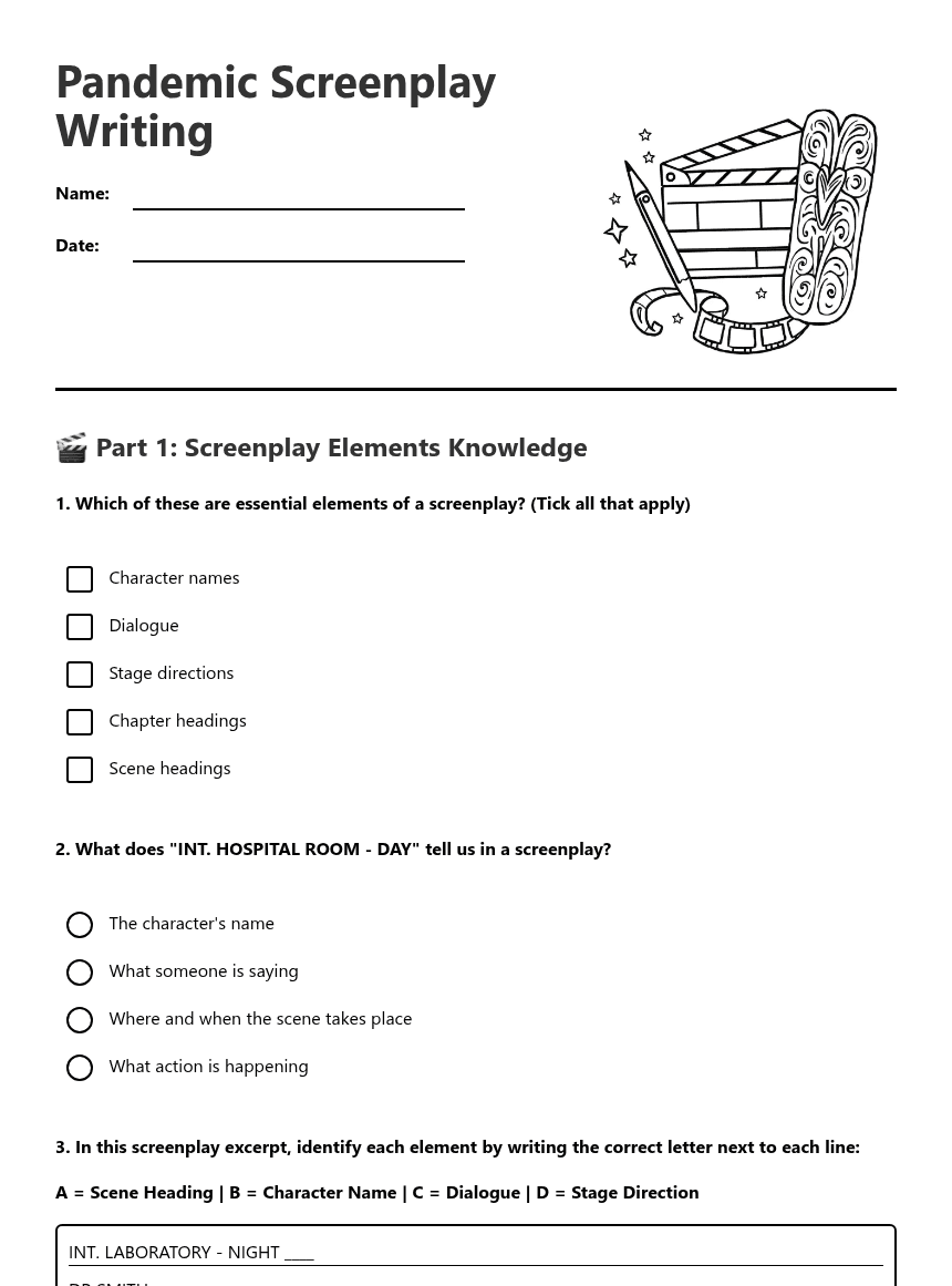 Pandemic Screenplay Writing worksheet preview