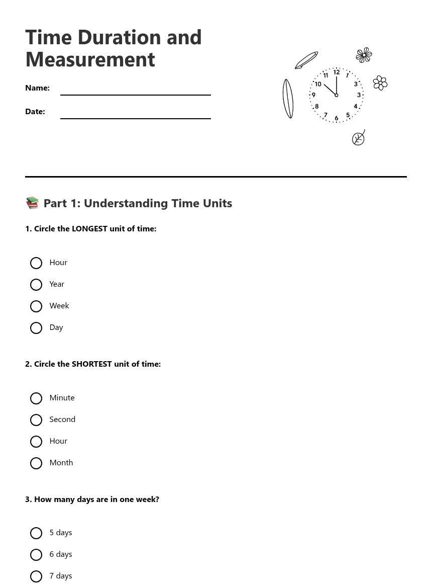 Time Duration and Measurement worksheet preview