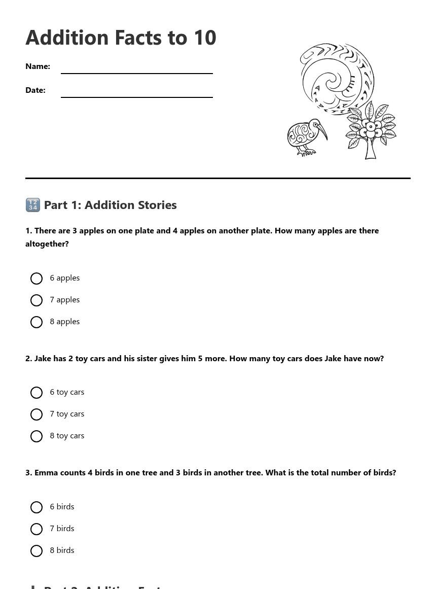 Addition Facts to 10 worksheet preview