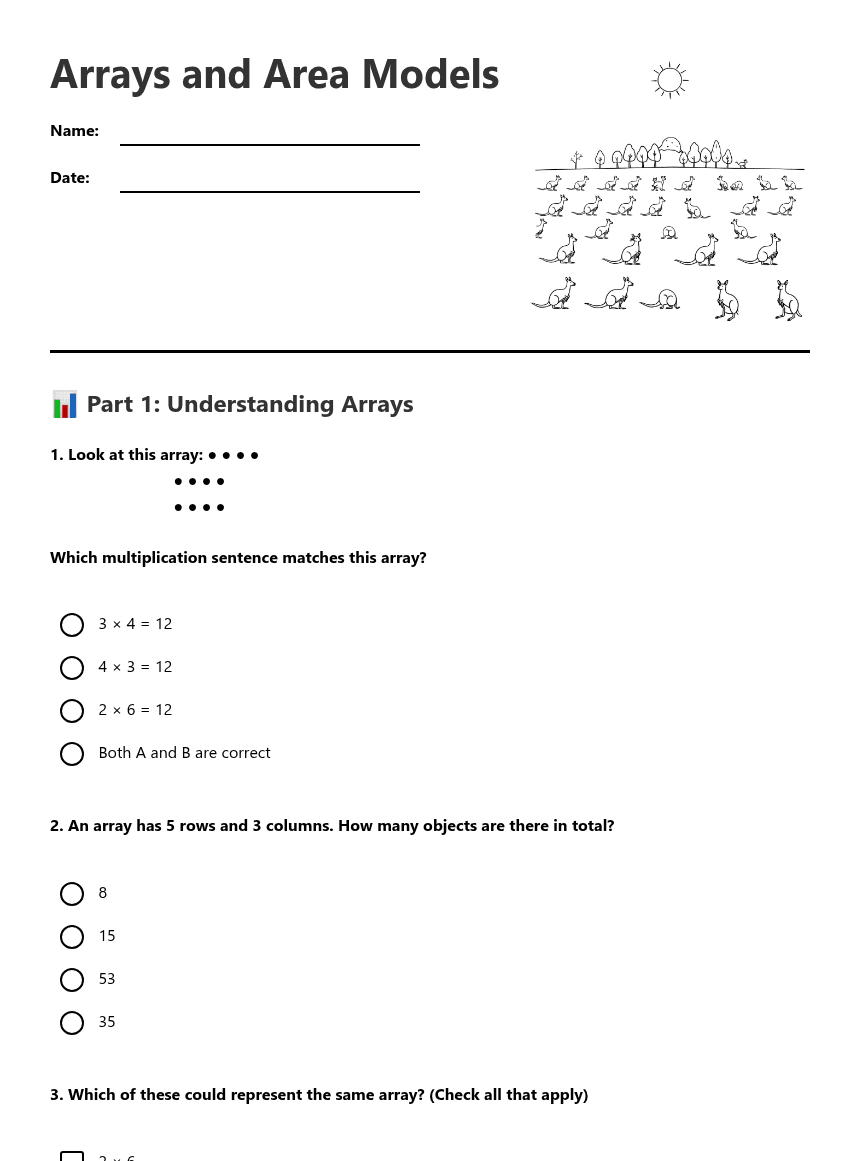 Arrays and Area Models worksheet preview