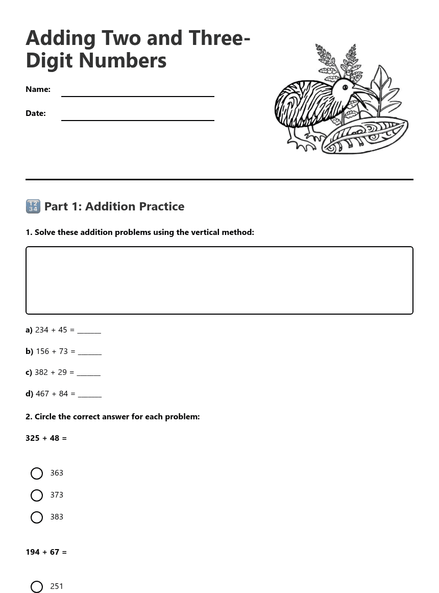 Adding Two and Three-Digit Numbers worksheet preview