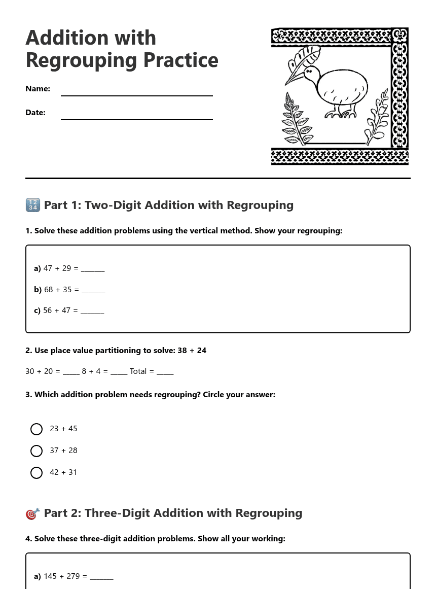 Addition with Regrouping Practice worksheet preview