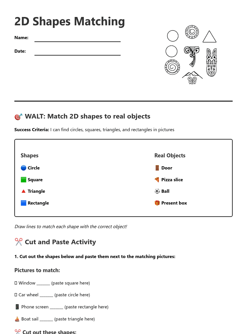2D Shapes Matching worksheet preview
