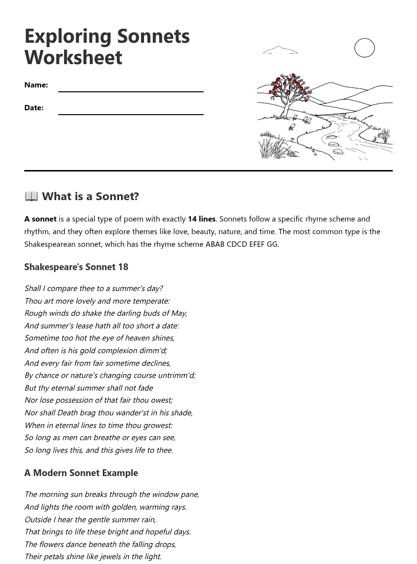 Exploring Sonnets Worksheet worksheet preview