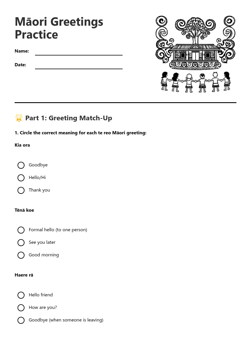 Māori Greetings Practice worksheet preview