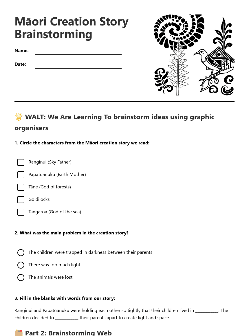 Māori Creation Story Brainstorming worksheet preview