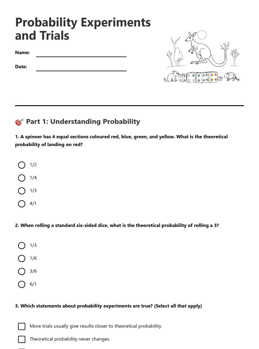 Probability Experiments and Trials worksheet preview