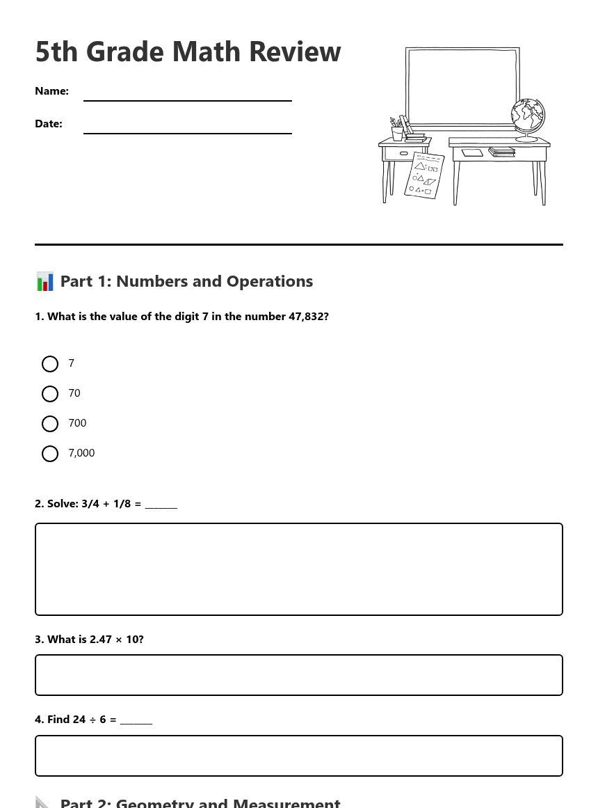 5th Grade Math Review worksheet preview