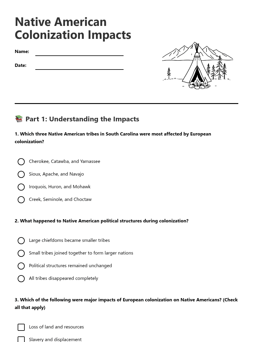 Native American Colonization Impacts worksheet preview