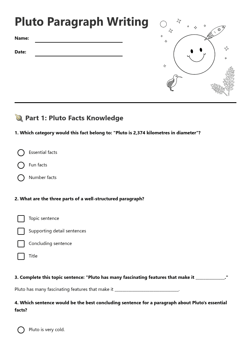Pluto Paragraph Writing worksheet preview