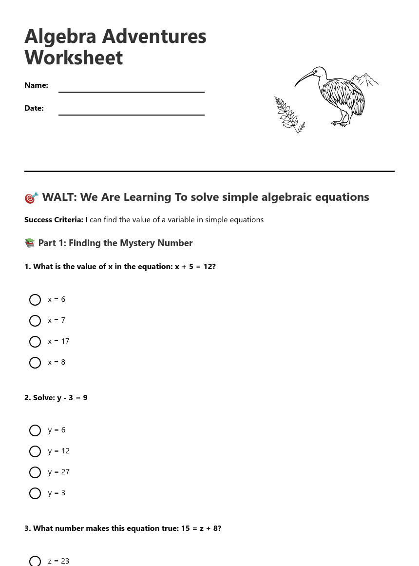 Algebra Adventures Worksheet worksheet preview
